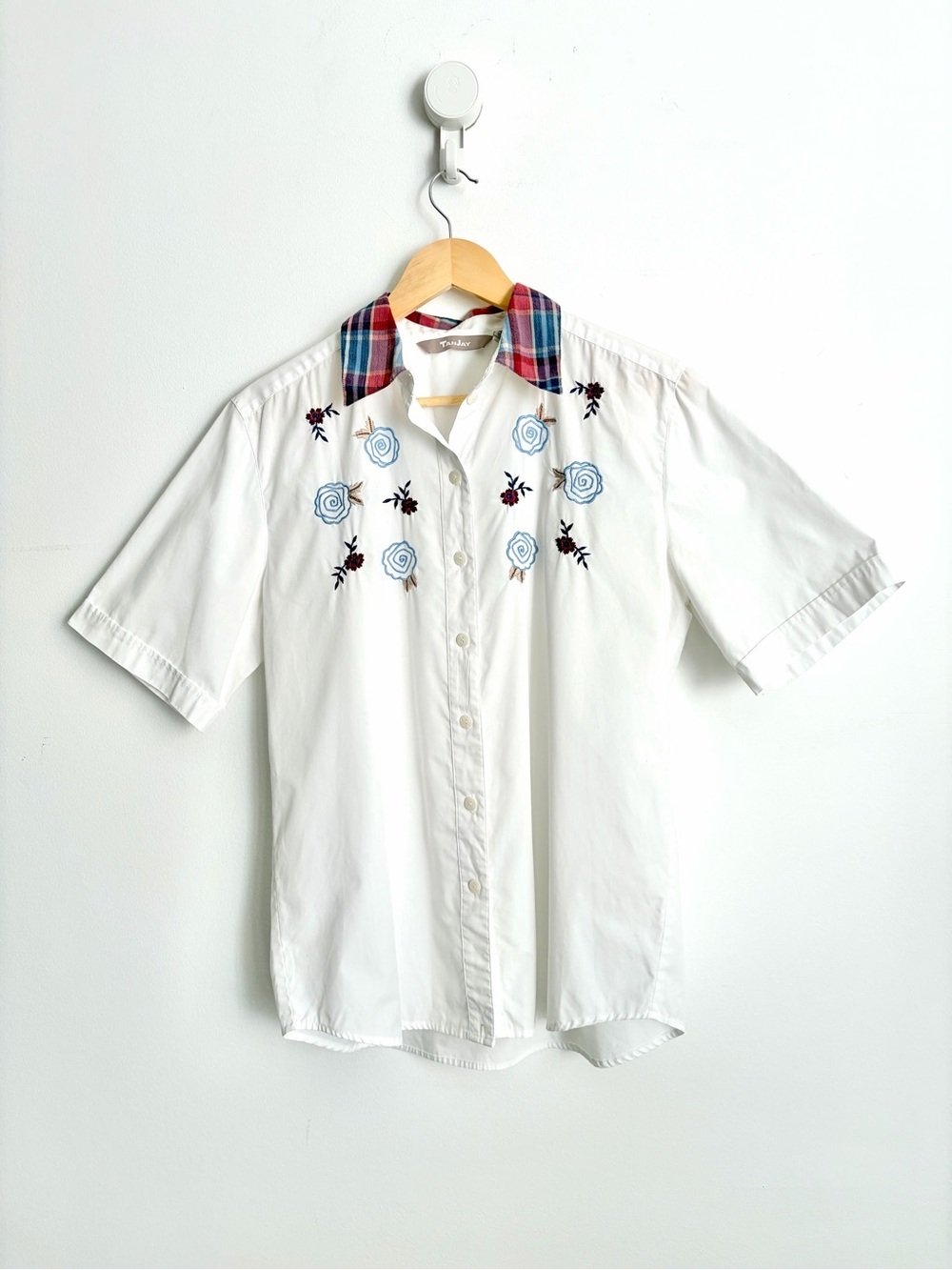 Vintage TanJay Embroidered Plaid Collar Blouse Cottagecore Size 12